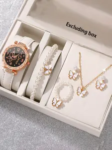 6-piece set of ladies' watches, fashionable and personalized minimalist wristwatches with butterfly pearl strap, jewelry watch set