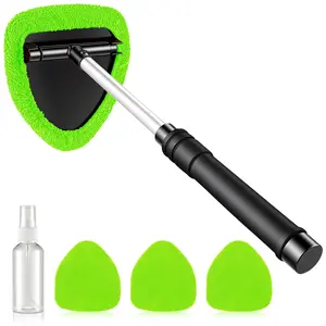 JUSTTOP Windshield Cleaner Tool, Car Interior&Exterior Window Cleaning Tool with Extendable Handle & 4 Reusable Microfiber Pads, Auto Glass Wiper Brush Kit for Cars
