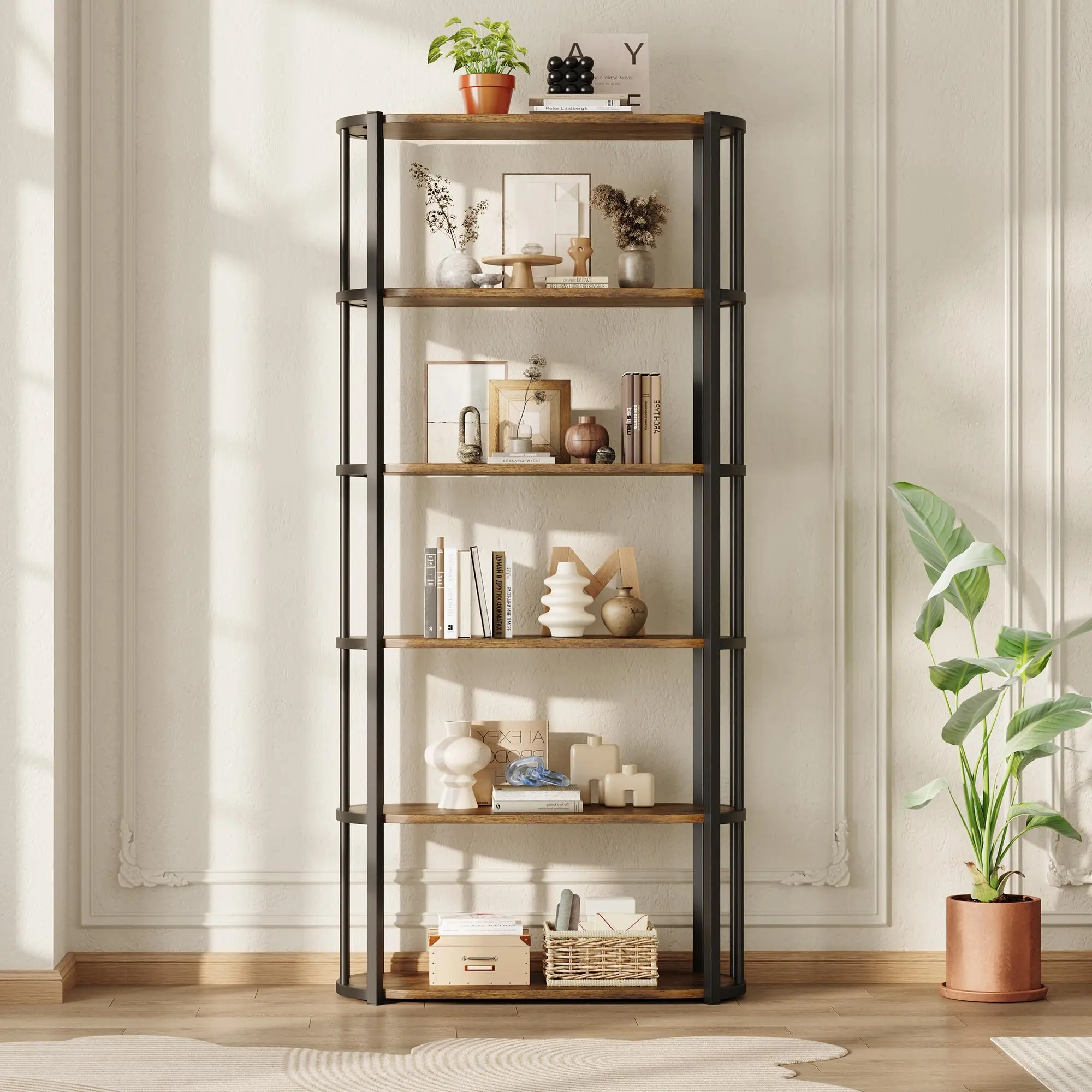 Garvee 6 Tier Tall Bookshelf with Industrial Slim Design, Sturdy Steel Frame, Rustic Wood Grain Finish, Open Display and Storage Shelves, Space-Saving Organizer for Living Room, Bedroom, Home, Office