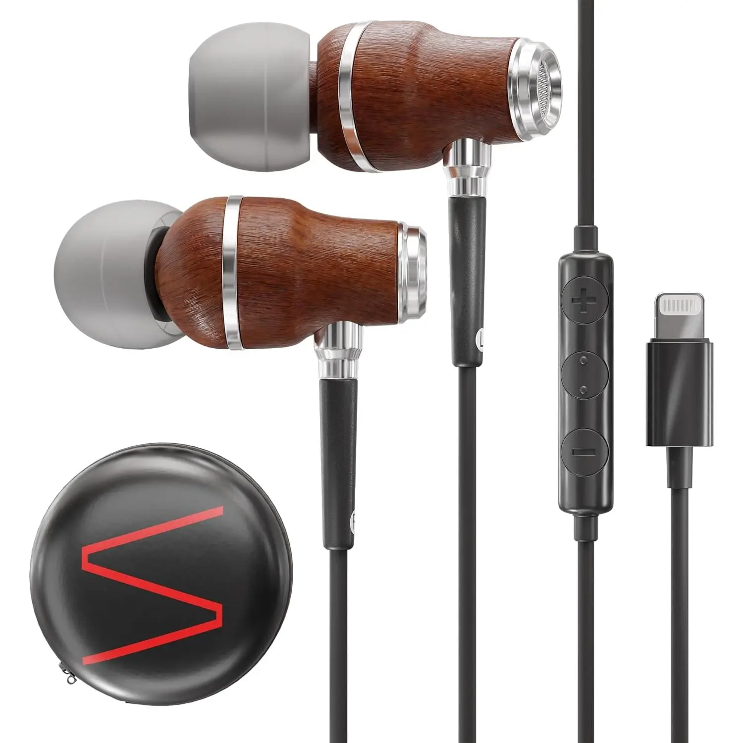 iPhone Earphones Wired Deep Bass Sound, 3D Sound, Microphone Volume Control, 90% Noise Cancelling, Bubinga Wooden with Lightning ( MFI Certified), iPhone SE to 14 Earbuds (Black)