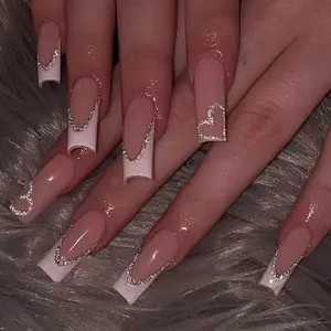 24pcs Sweet Cool Square Nails Nude French Tips Sparkle Heart Design, Quick 5-Minute Adhesive-Free DIY Nail Art, Perfect for Date Night