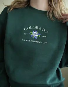 Colorado Blue Columbine Sweatshirt with Statement Design Comfortable Fabric Blend in Navy White Green and Blue