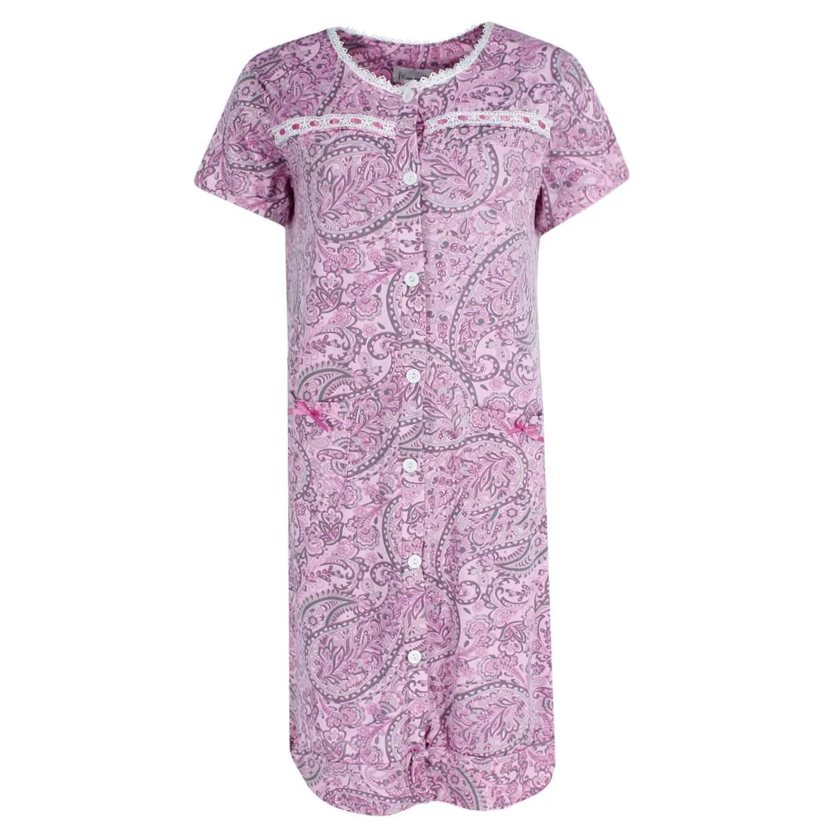 CTM Women's Plus Size Paisley Short Sleeve Duster, Lightweight Button-Down Nightshirt for Sleep and Loungewear, Nightwear, Feminine, Elegance, Draped