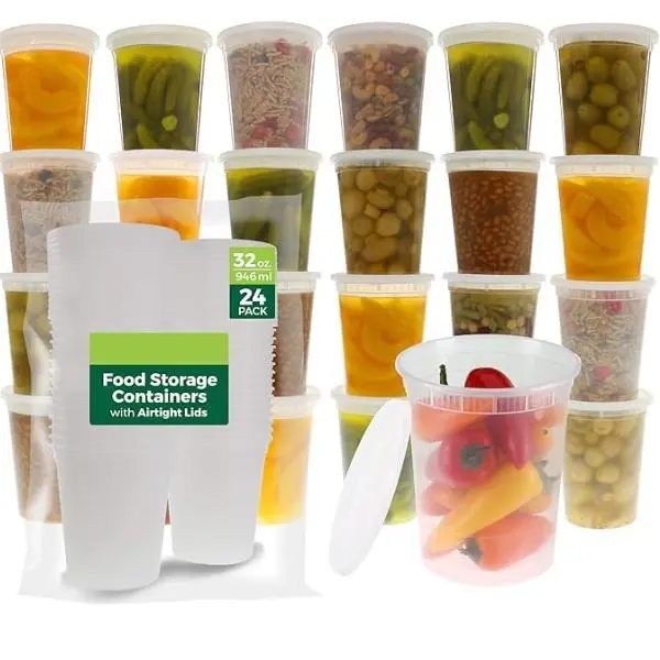 Food Storage Containers [24 Set] 32 oz Plastic Deli Containers with Lids, Slime, Soup, Meal Prep Containers, BPA Free, Stackable, Leakproof, Dishwasher and Freezer Safe, Translucent