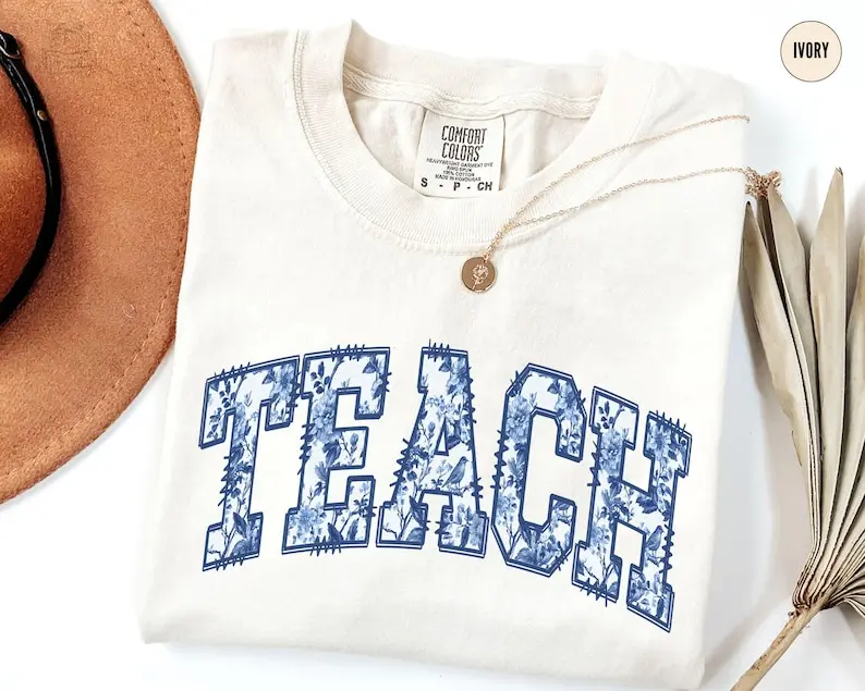 Toile De Jouy Teach TShirt, Comfort Colors Floral Teacher Shirt, Teacher Appreciation, Back to School Gift, Elementary School New Teacher Graphic Tees