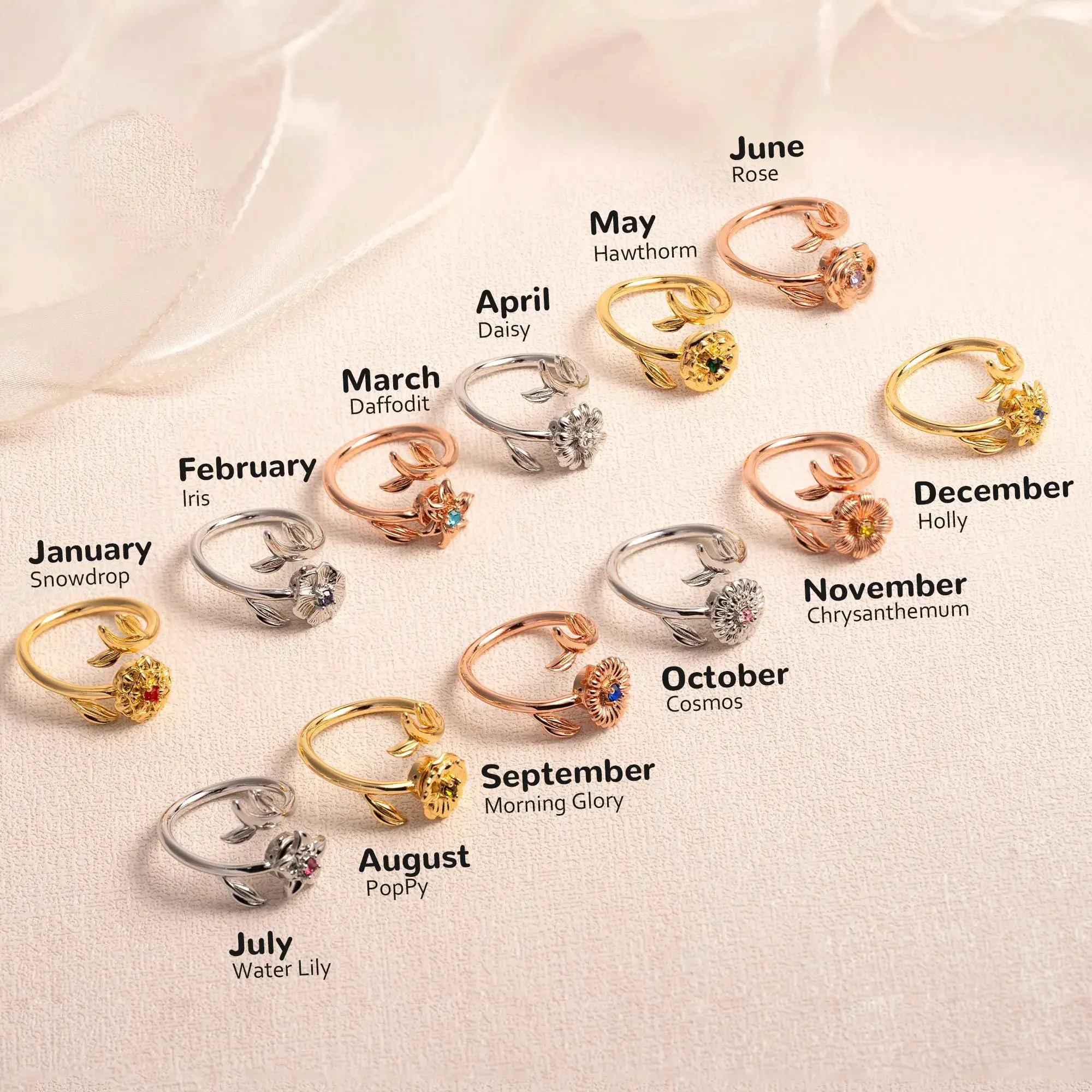 Personalized Birth Flower Fidget Spinner Ring Anxiety Relief Jewelry Adjustable Spinner Ring Mental Wellness Gift​ Artisan Attention To Detail Handcrafted Quality Elegant Style Smooth Spinning Mechanism, Stress Relief, Anxiety Management