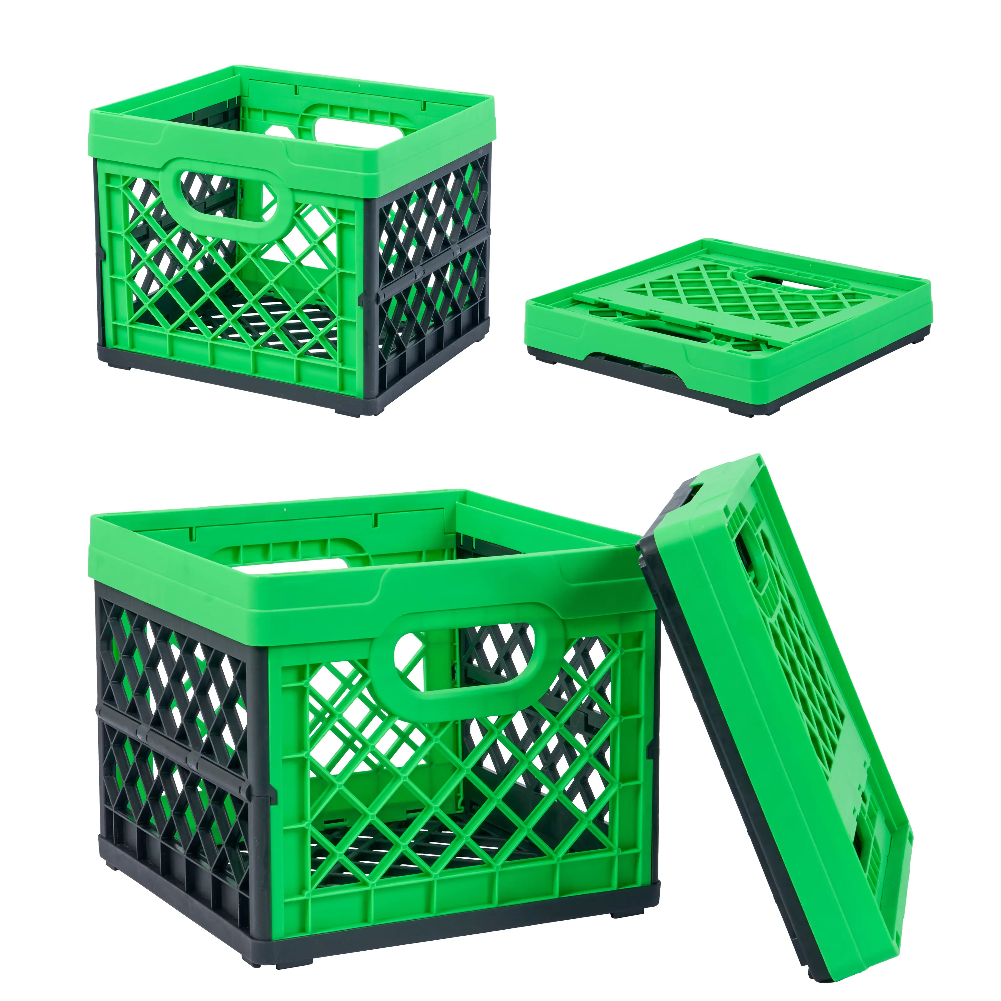 Collapsible Green Plastic Milk Crate (1PK) - 25L/6 Gal Foldable Storage Bin, 50 lbs Capacity Heavy-Duty Eco-Friendly Container, Stackable Versatile Tool Organizer Basket, Lightweight Tool Storage Solution