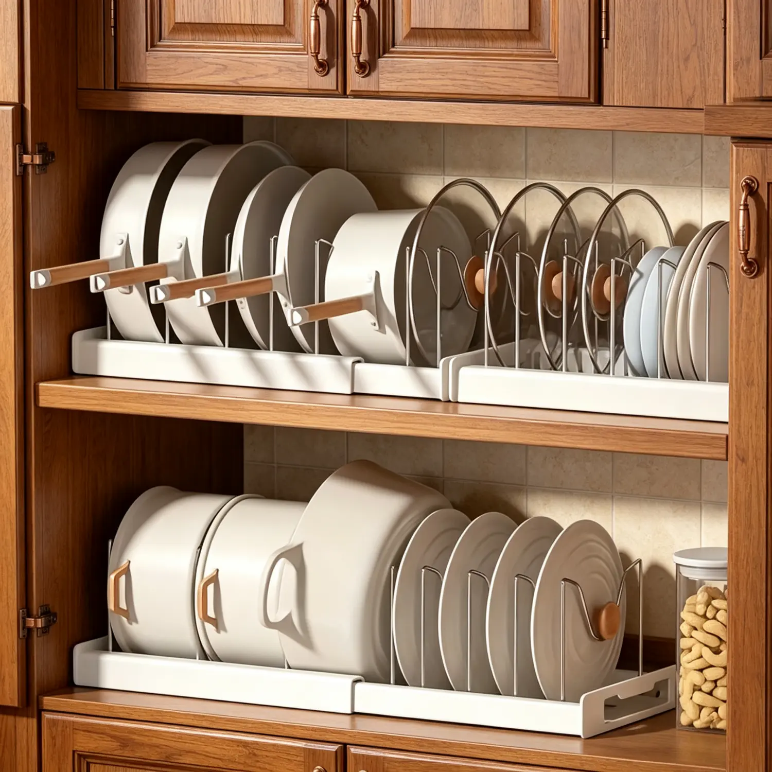 Cookware and frying pan storage rack with 7 stainless steel adjustable shelves, extendable to fit under cabinets, suitable for storing baking trays, cutting boards, lids, tableware, cookware, pots, pans, and bowls.