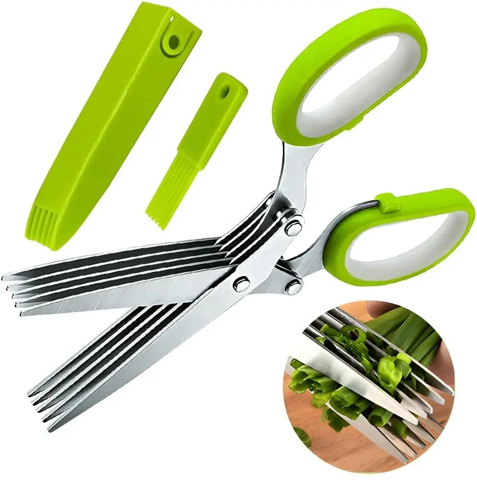 Herb Scissors, Multipurpose Sharp Kitchen Herb Cutter Shears with 5 Stainless Steel Blades, Safety Cover, Cleaning Comb, Cool Kitchen Gadgets for Cutting Fresh Garden Herbs, Dishwasher Safe