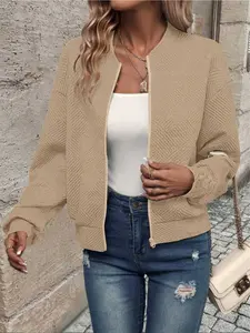 Women's Spring & Fall Lightweight Jacket Coats, Fashionable Plain Zipper Outerwear, Casual Long Sleeve Pull-On Top, H-Type Silhouette