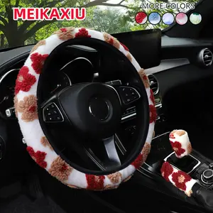 Cute Flower Design Car Steering Wheel Cover, Winter Warm & Comfortable Car Steering Wheel Protector & Gear Handle Cover, Universal Car Interior Accessory, Decoration, Car Steering Wheel Insert Accessories, Automotive