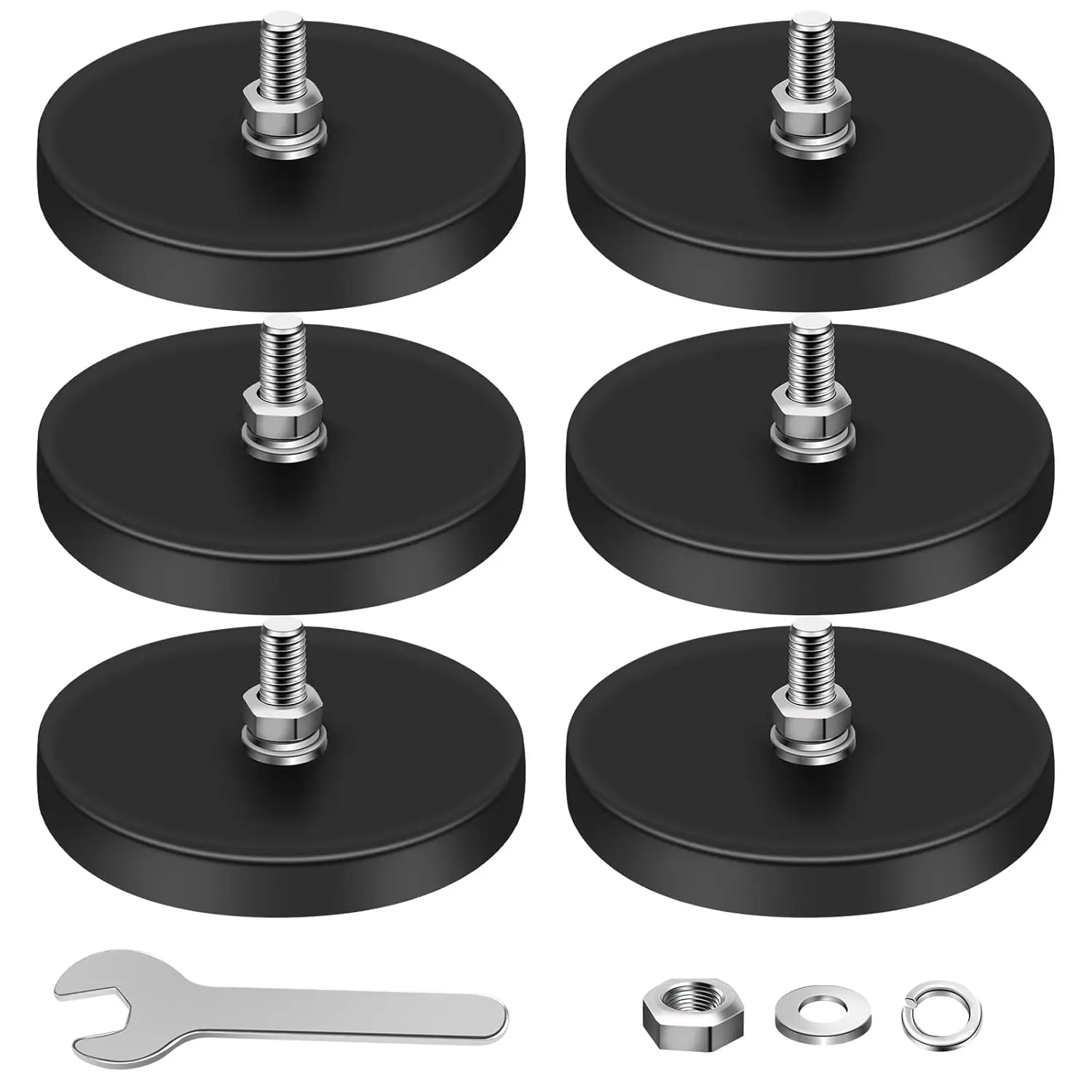 6-Piece Rubber-Coated Waterproof Neodymium Magnets (1.69-in), 1/4-in Threaded Studs, Bolts+Washers+Nuts Base, 30lb Pull Force, Anti-Scratch for Light Bar, Machines, Steel Plates, 1.69 Inches