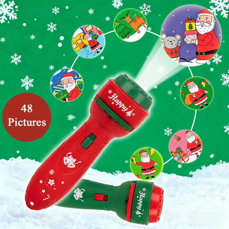 Kids' Unisex 2-Pieces Multifunction Santa Claus Design Flashlight Projector Toy, Festive Look Cartoon Luminous Early Education Gift for Toddlers, Ideal for Nighttime Fun