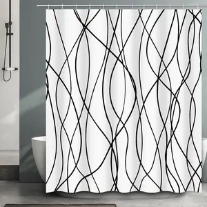 Striped Wavy Line Shower Curtain, Abstract Modern Minimalist Waterproof Polyester Fabric Shower Curtain Set with Hooks, Bathroom Decorative Set for Hotel Dormitory Spa 71" x 71"