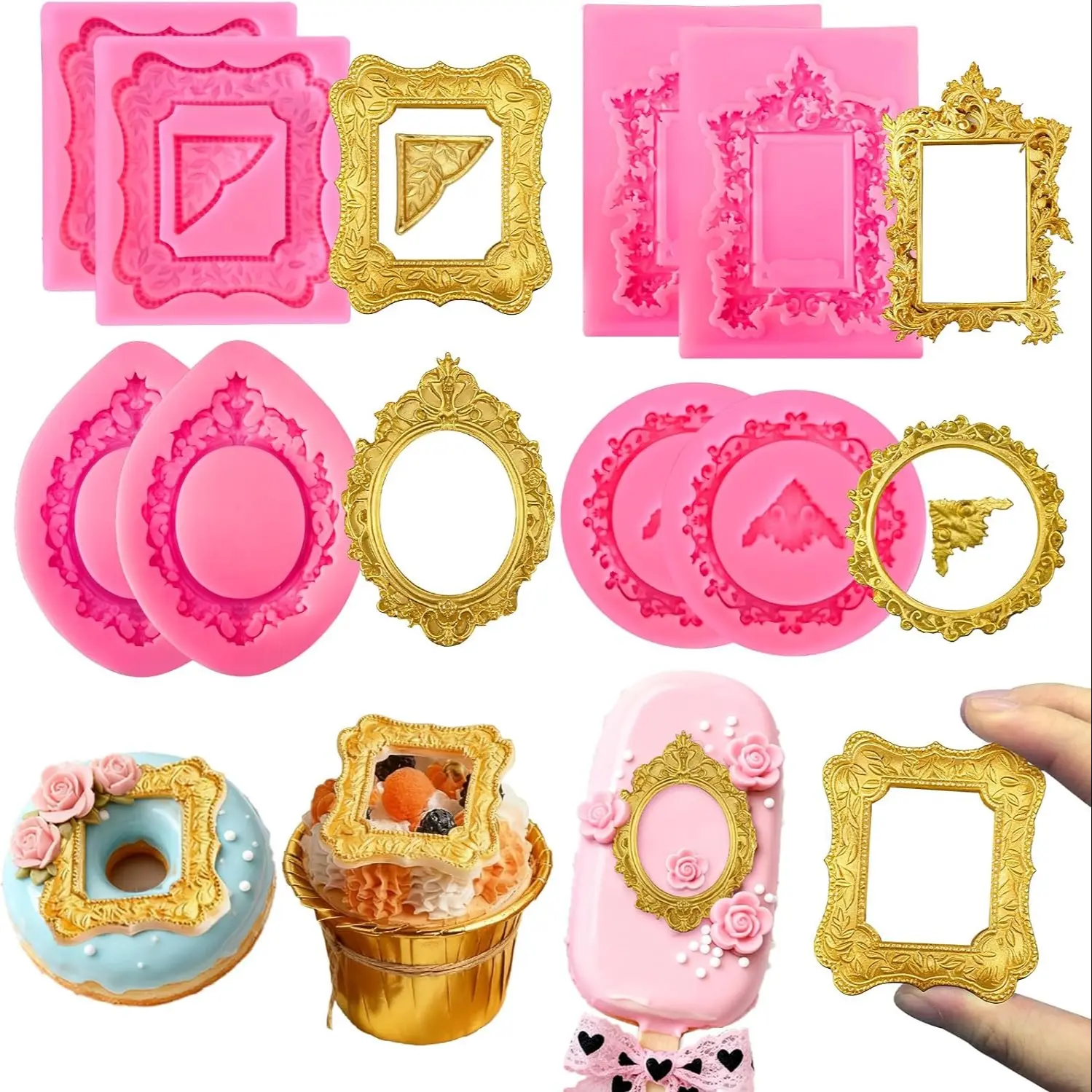 8 Pcs Photo Frame Fondant Mold Set, Mold Kit, Baroque-Style Chocolate Molds, Vintage Photo Frame Silicone Molds, Cupcake Decorating Molds, Suitable for Chocolate, Cake Decorating, Baking Molds, Silicone Candy Molds, Baking Supplies