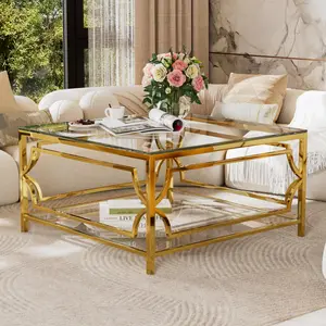 33.5" Square Tempered Glass Coffee Table Living Room Center Table, Luxurious Geometric Metal Frame,Gold Finish & Lower Shelf