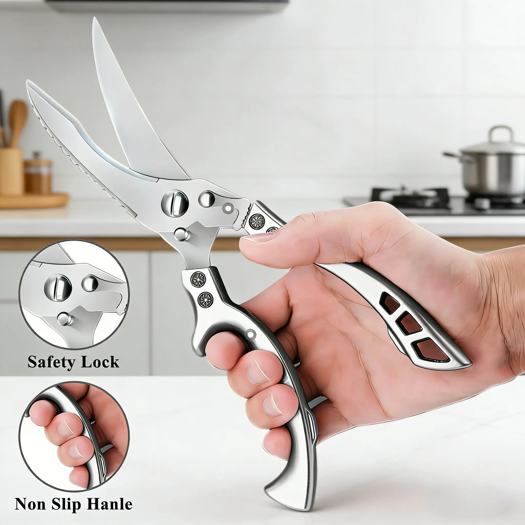 Heavy-Duty Kitchen Scissors - Extra-Sharp Stainless Steel, Spring-Loaded, Dishwasher-Safe with Safety Lock for Chicken & Vegetable Cutting