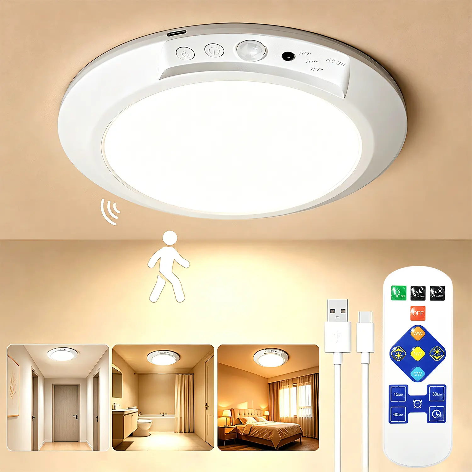 Wireless Motion Sensor Ceiling Light – Rechargeable No Wiring Smart LED Light with Remote Control, Auto Motion Activated, Ultra Bright Dimmable Overhead Lamp for Shower, Closet, Bathroom & Anywhere summerwins