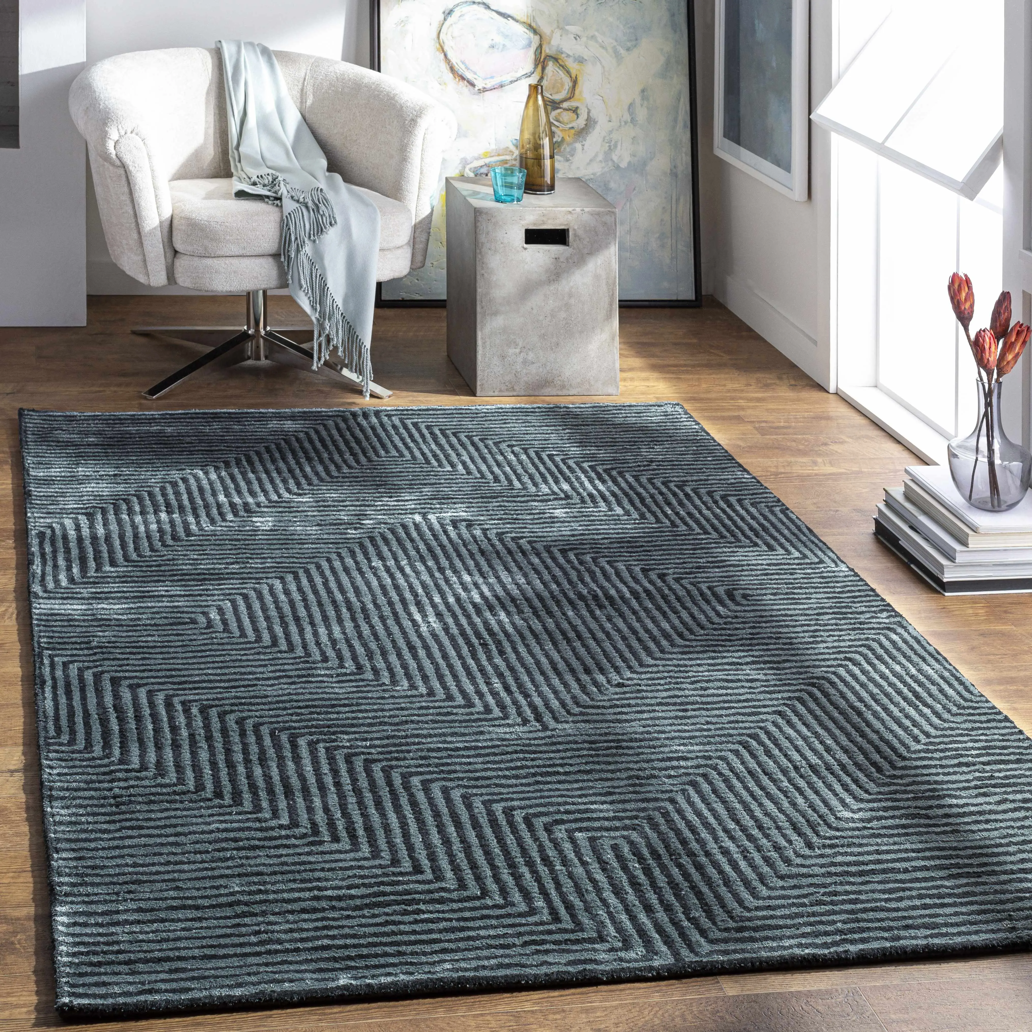 Quartz Patterned Sheen Blue-Green Viscose Geometric Area Rug, Stylish Room Decor Carpet