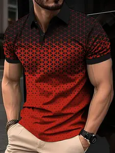 Men's Regular Fit Ombre Geometric Print Short Sleeve Jersey Polo Shirt, Fitted Stretch, Casual Graphic Button Front Half Placket Collared Top for Summer, Polo Tees, Back-to-School Clothing, Streetwear, Polo Shirts Men, Menswear