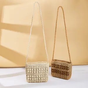 Women's Rustic Boho Straw Crossbody Bag - Beaded Detailing, Open Top Design, Khaki & Ivory Fabric Shoulder Bag for Casual Daily Use & Beach Outings