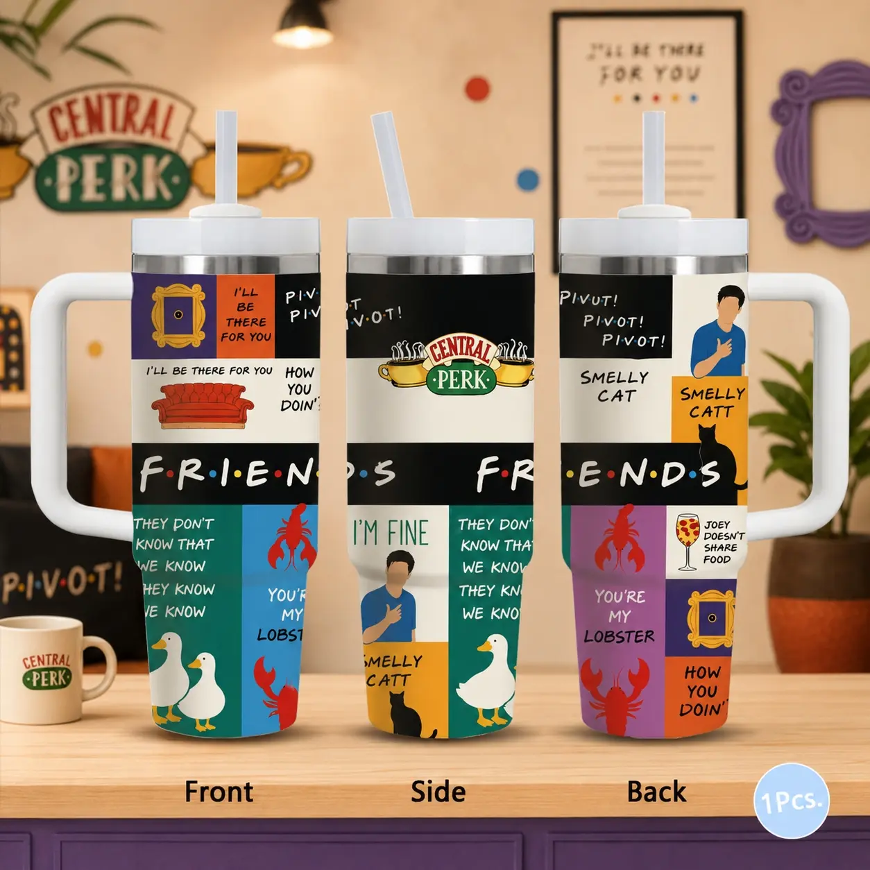 Friends TV Show  Vacuum Flasks Insulated Water Cup 40oz Stainless Steel Vacuum Insulated Hydration Tumbler with Handle & Straw | Long-Lasting Cold & Heat Retention, Leak-Resistant | For Iced Coffee, Water, Office, Gym & Travel Drinkware