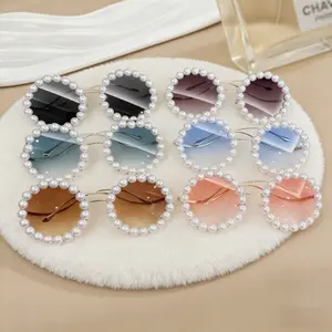 2 pairs of pearl round frame gradient sunglasses, fashionable, casual, multifunctional, simple wavy temple party glasses, lightweight and durable sunglasses, fashionable accessories, daily wear UV resistant glasses