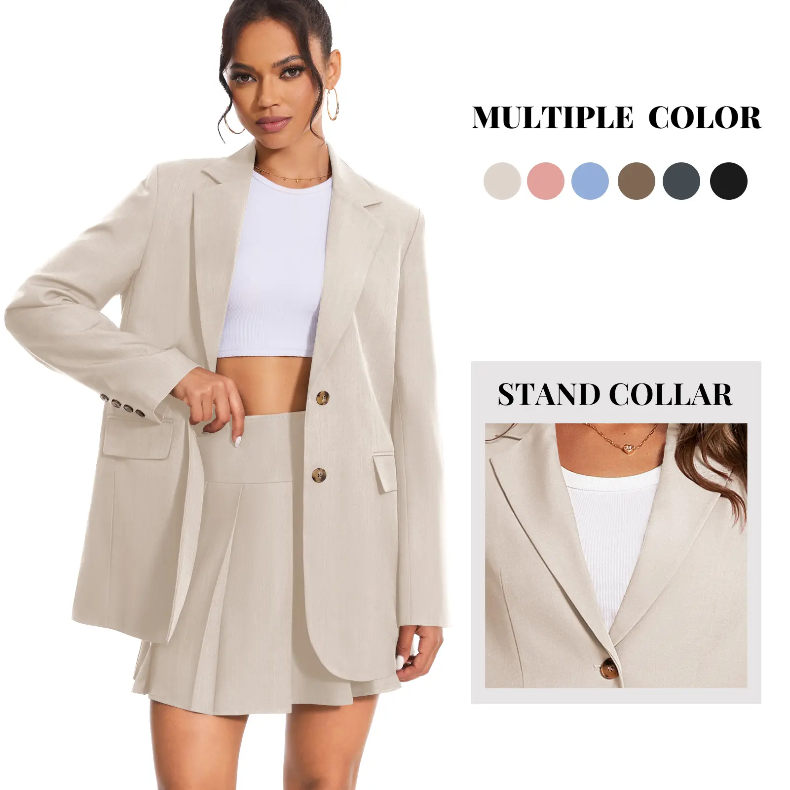 Women's 2-Piece Skirt Suit Set, Elegant Solid Twill Office Wear with a Single-Button Blazer and High-Waist Pleated Mini Skirt, Clothes, Nylon, Versatile, Smooth To Touch, Machine Washable, Twill Fabric, Deep V Neck, Plain, Lady, Twill Blend sohochic