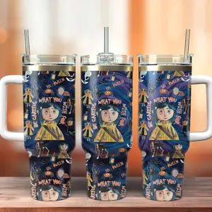C0raline Cartoon Tumbler, C0raline Gothic Fantasy Mug With Handle And Straw, Other World Button Eyes Cup, Dark Aesthetic Drinkware, Movie Fan Gift