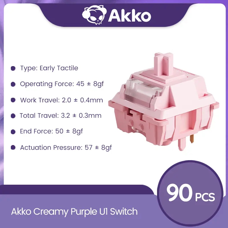 90pc Tactile Switches, Akko Creamy Purple U1 Switch for Mechanical Gaming Keyboard, 5-Pin Pre-Lubed Switch