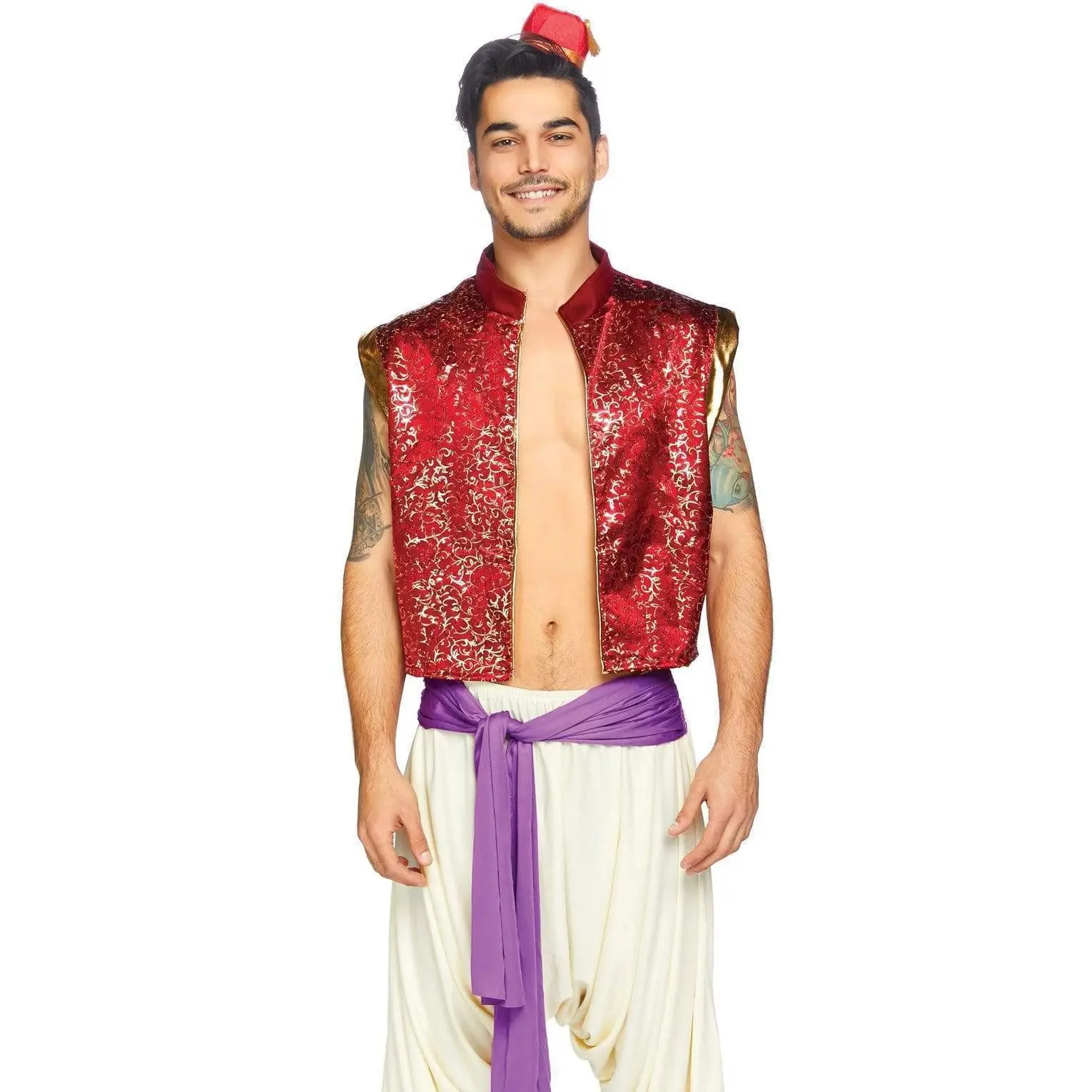 Men's Desert Prince Suit, Lightweight 3-Piece Fairytale Costume Clothes with Ornate Top, Loose-Fitting Stretchy Bottoms, and Fez Hat, Pants, Elastic, Rat, Halloween