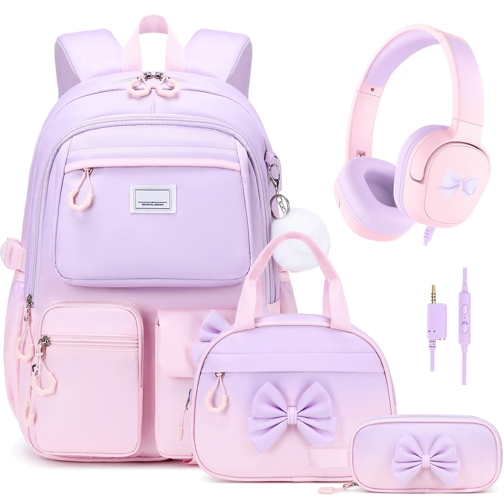 Similove 3/4PCS Cute Bow Backpack for School, Waterproof Plaid Cute School Bags with Lunch Bag & Pen Case, or a headphone Bookbag for Teens Elementary Middle Student, Back to School Gift with USB Charging Port, dealsforyou  Organiser