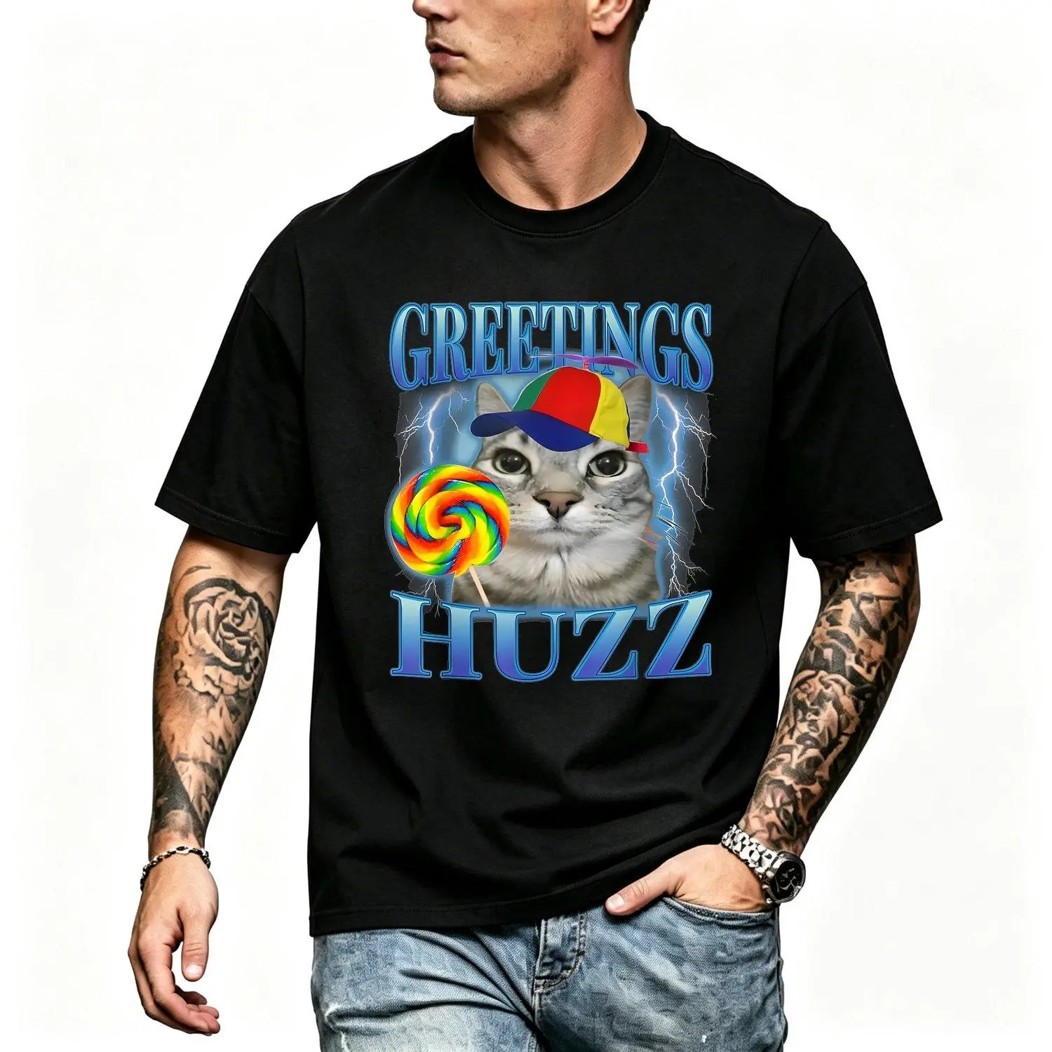Men's Short-Sleeve Round Neck Sports Top, Menswear with Lollipop Cat Meme Greetings Huzz Funny Silly Cats Brainrot Graphic, Breathable Fabric Athletic Casual Wear, Shortsleeve