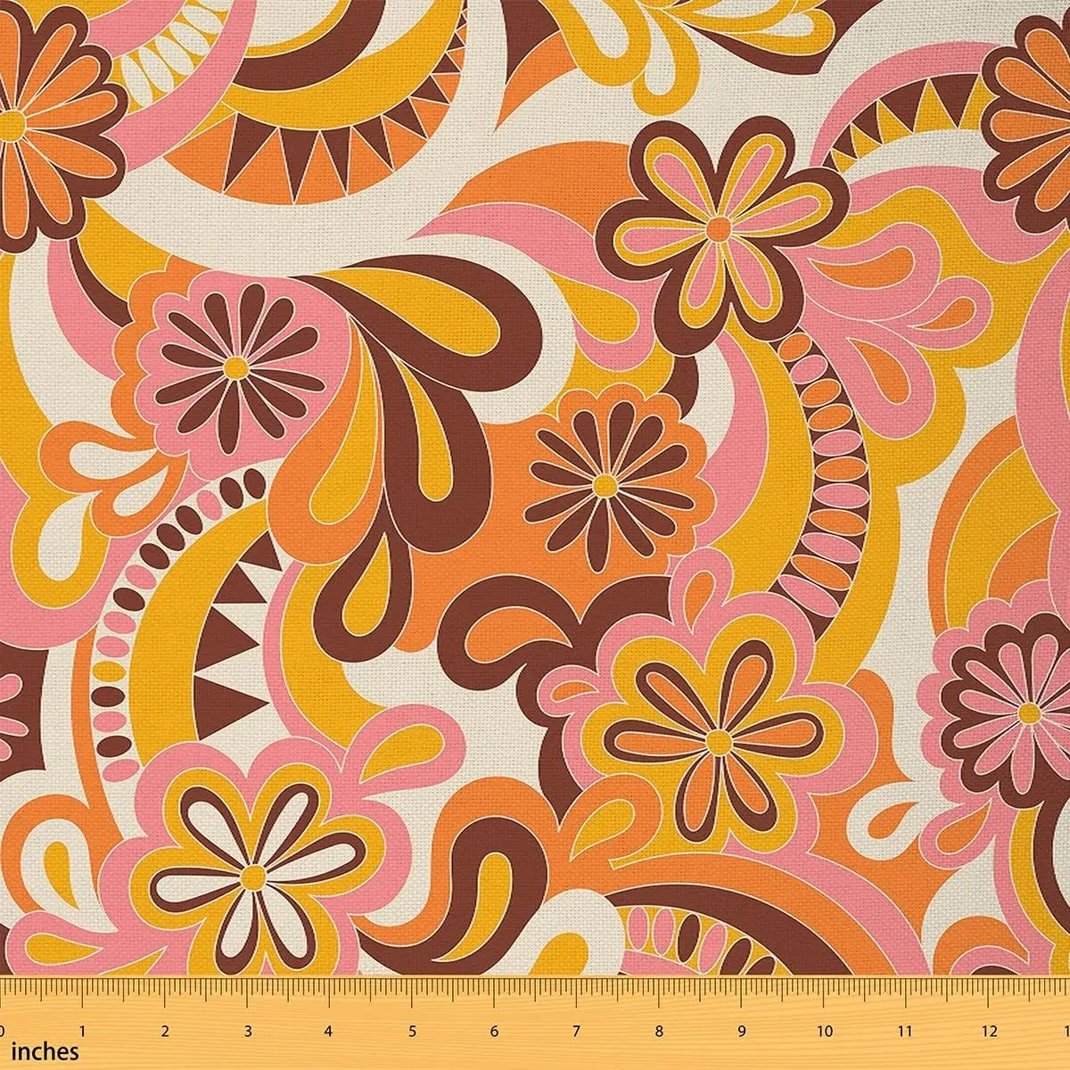 Retro Hippie Flower Fabric by The Yard,1 Yard,60S 70S Groovy Decorative Decorative Waterproof Fabric,Vintage Boho Plant Floral Upholstery Fabric, Home Decor, Curtains