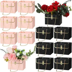 12 Pcs Mother's Day Pink and Black Flower Box Wedding Flower Paper Gift Bag Bouquet Boxes with Handle Boxes for Arrangements Bouquet Wrapping Paper for Mother's Day Wedding baby shower