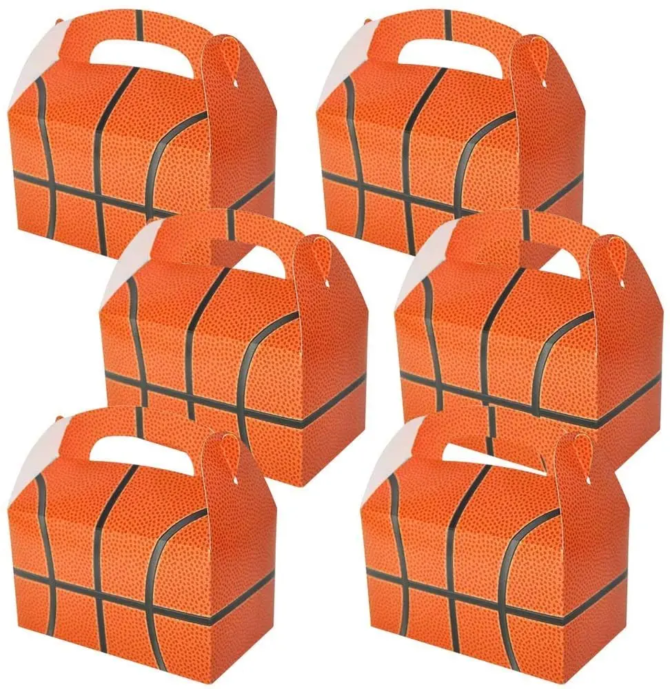 ARTCREATIVITY Basketball Cardboard Treat Boxes with Handles - Pack of 12 Light Party Favors for Candy, Cookies, Sports Themed Birthday Party, Holiday Goodies