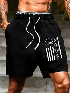 Men's Summer Casual Fitted Shorts, Lightweight Breathable Fabric, Flag Print, Beach Vacation Essential, Must-Have Wardrobe Item