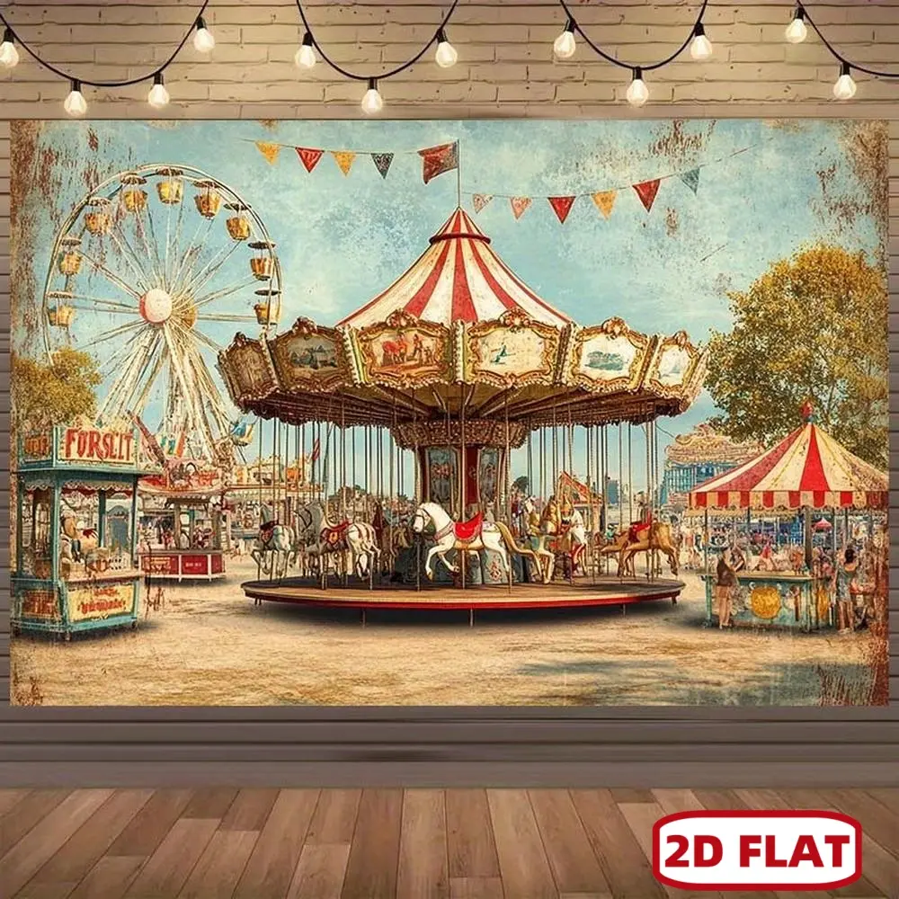 1pc Vintage Multi-Size 2D Flat Polyester Carnival Print Backdrop Banner - Carousel, Ferris Wheel, Bunting Decor for Retro Wedding, Birthday Party