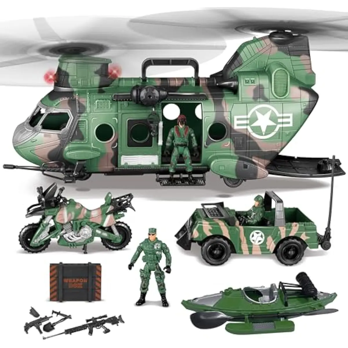 10-in-1 Military Helicopter Toys Set with Light, Sound, Trucks, Boat, Bike, Army Men, Weapons - Christmas Birthday Party Gifts for Kids