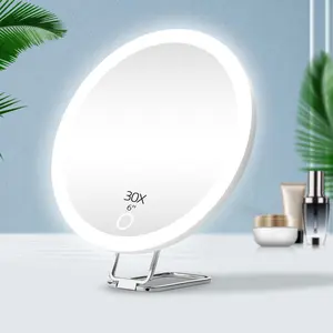 Portable LED Magnifying Mirror with Adjustable Light, Travel Makeup Mirror  with Light and Metal Stand ＆ Strong Suction Cups, 6 Inch 5x-30x Illuminated Led Lighted Mirror