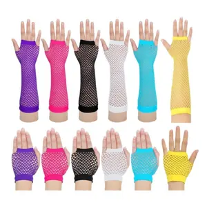 12 Pairs 80s 90s Fishnet Mesh Glove for Women Neon Fingerless Long Short Gloves for Halloween Party Cosplay Costume