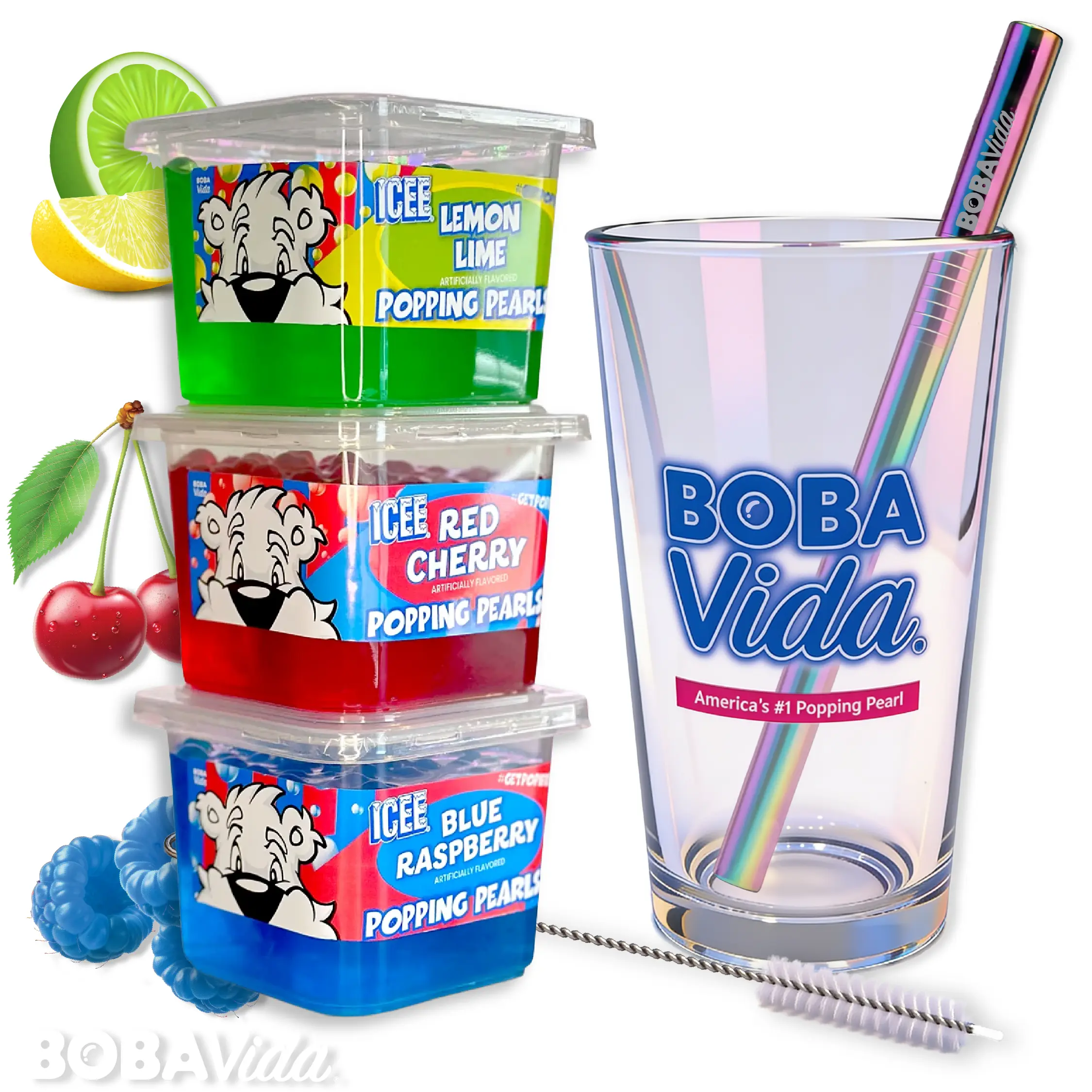 ICEE Sip Kit – ICEE Popping Boba 3-Tubs with Reusable Pint Glass, Stainless Steel Straw, and Cleaner (Limited Edition)