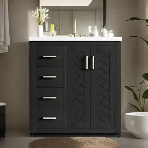 Soges 30-Inch Freestanding Bathroom Vanity Set with Ceramic Sink, Solid Wood Frame, with 3 Drawers Soft-Close Doors & Water-Resistant Design, Modern Storage Vanity for Bathroom, White/Black/Green/Blue