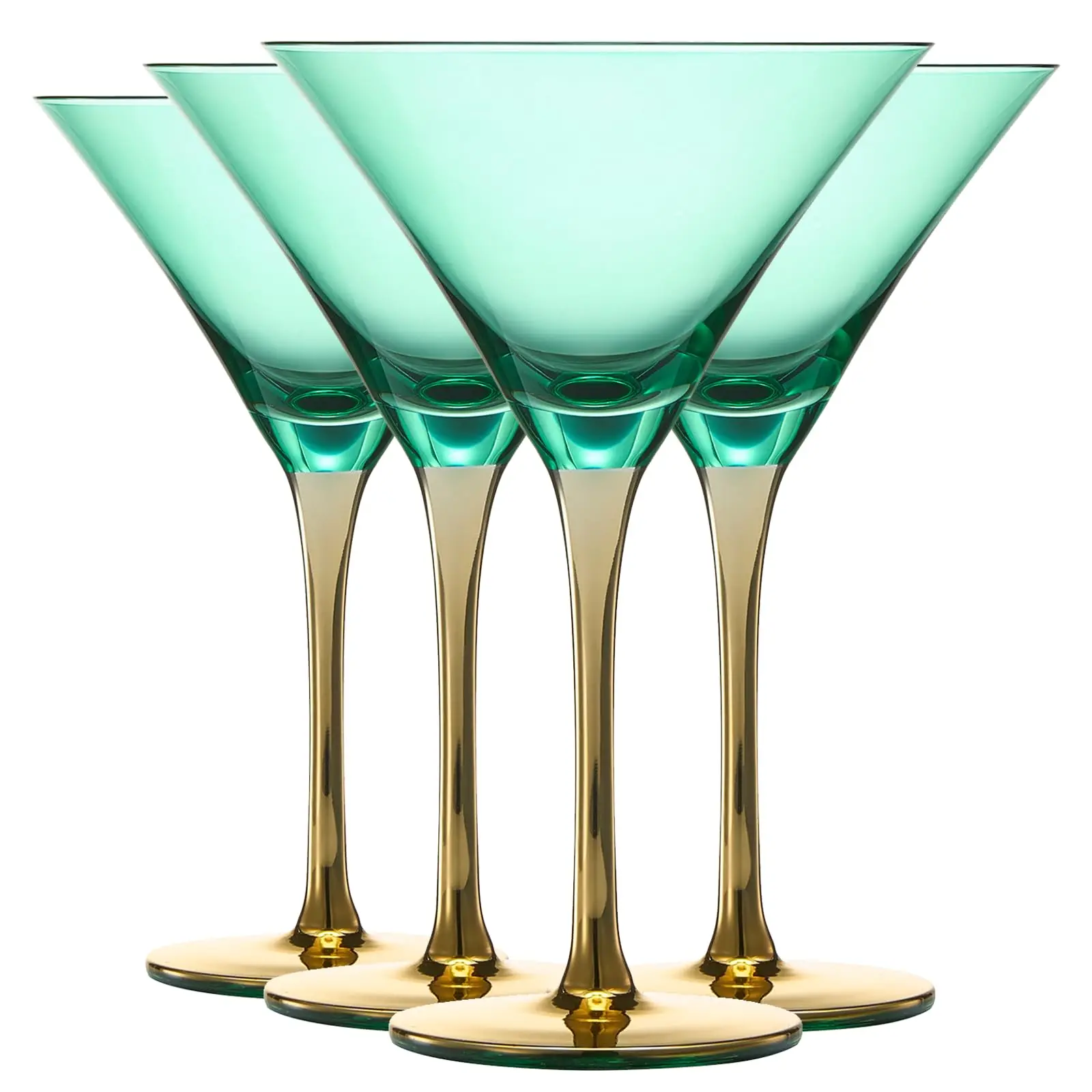 Khen Colored Martini Art Deco Glasses, Gold | Set of 4 | 8 oz Classic Cocktail Glassware for Cosmopolitan, Martini, Bellini, Sidecar, Speakeasy Style Goblets Stems, Vintage Blue, Teal, Green (8 OZ)