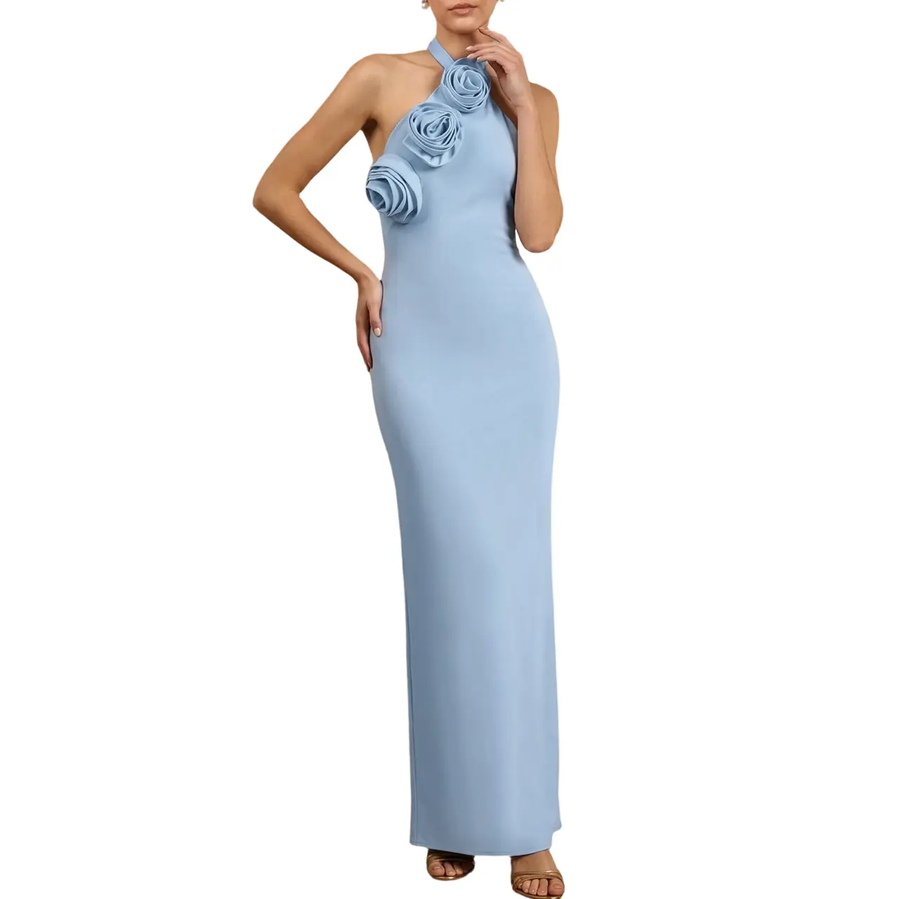 Women's Pull-On Chic Haltered Neck Sleeveless Light Blue Poly Spandex Maxi Length Bodycon Dress with 3D Rose Accents - Summer Formal Party Dress, Formal Wear, Romance, Model XTK4726M