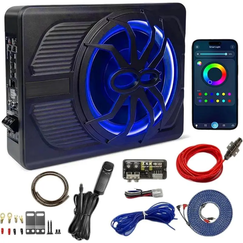2025 Outdoor Upgraded 10" 1200W Slim Under Seat Powered Car Subwoofer with Colorful LED 800W Stereo Audio Built-in Amplifier App-Controlled for Halloween Party