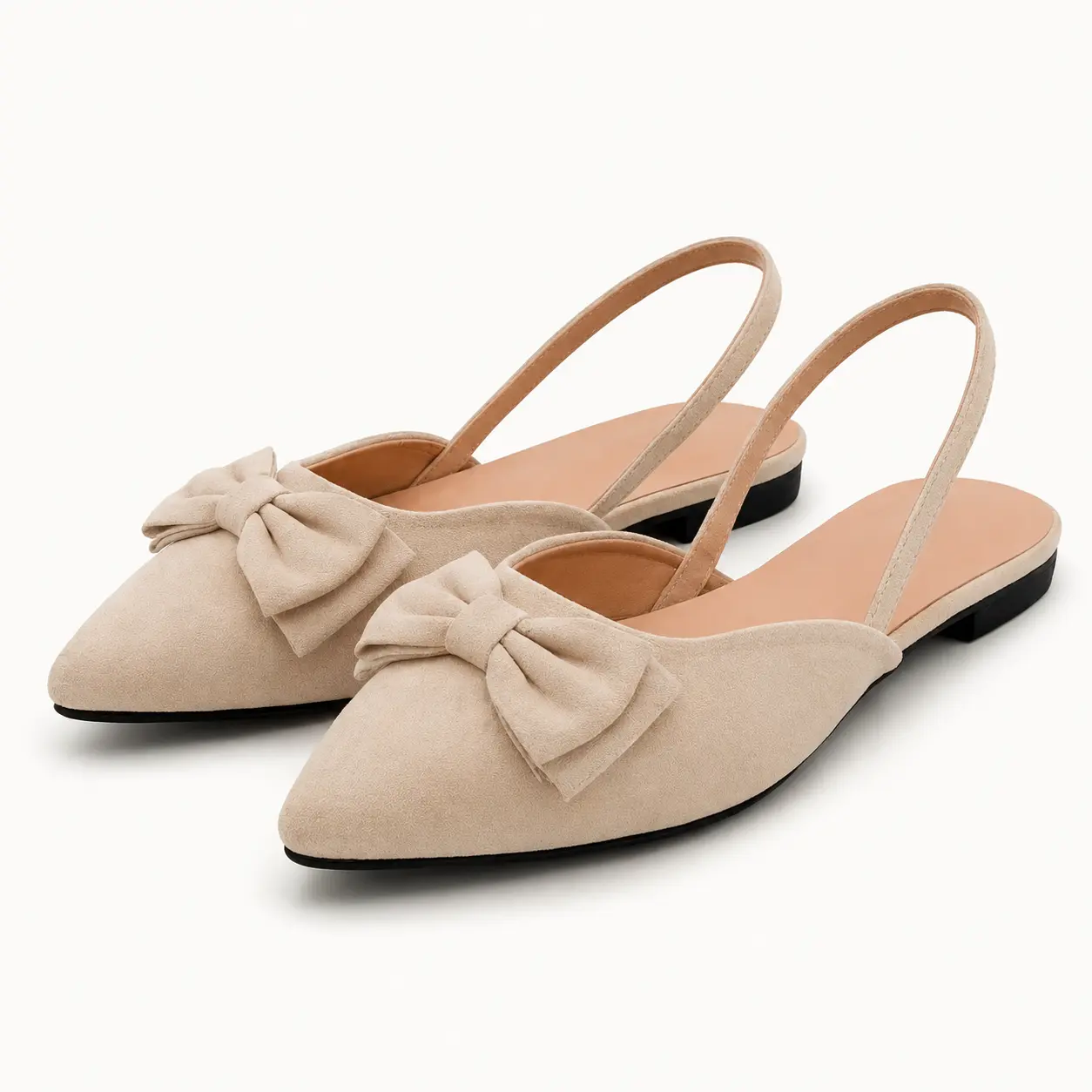 GeeYea women’s Beige Bow Slingback Flats, Pointed Toe Low Heel Slip-On Shoes with Faux Suede Upper, PU Leather Lining & PVC Sole, Elegant Office, Date Night & Spring Summer Shoes