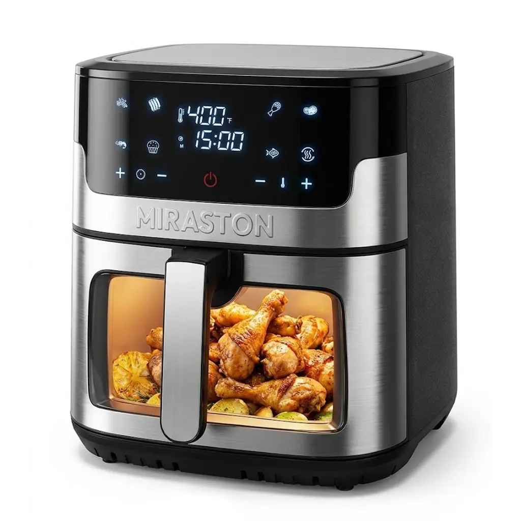 MIRASTON 8.5QT Large Capacity Digital Touchscreen Air Fryer with 8 Cooking Presets, Stainless Steel Build, Visible Cooking Window, Nonstick Basket, 1500W Power, Rectangular Body, US Plug for Family Meals, Kitchen Appliances
