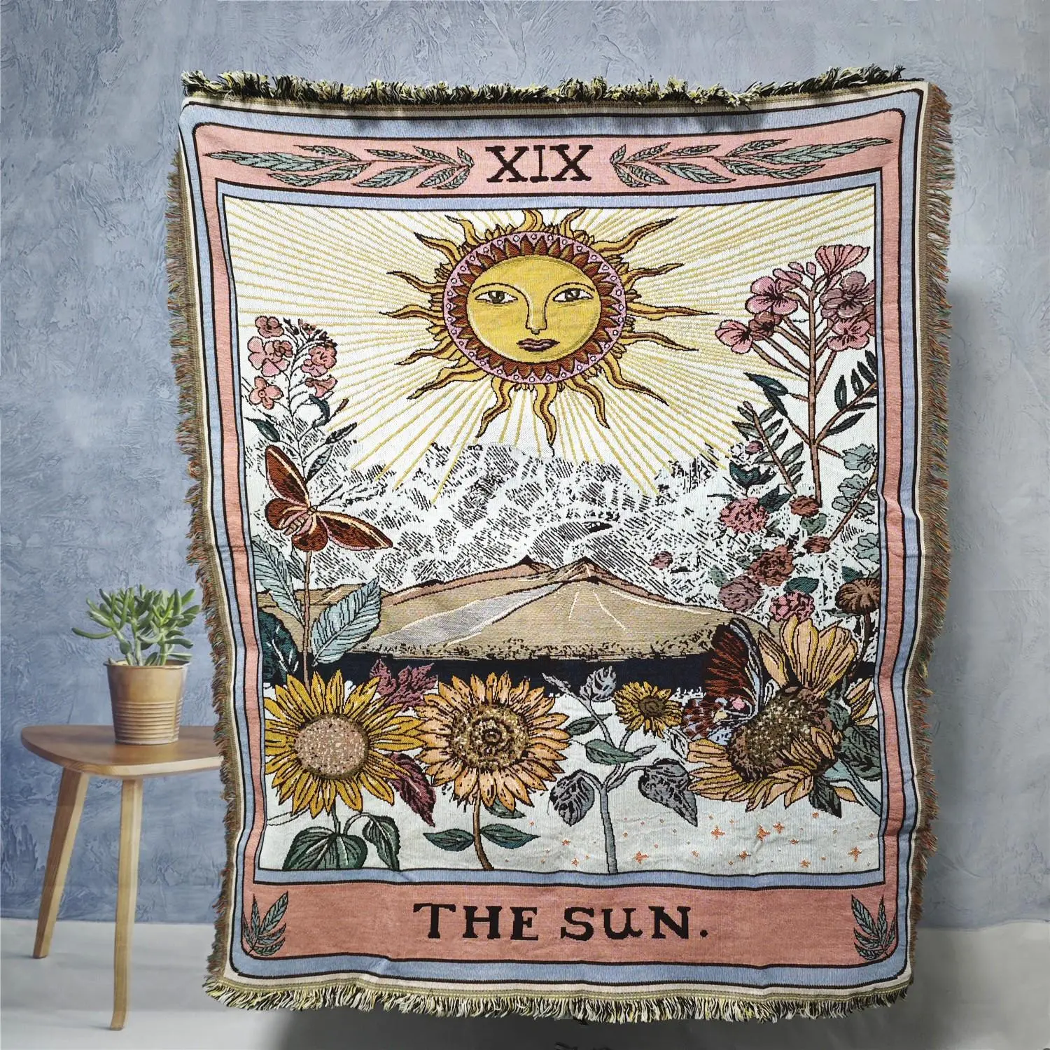 Sun Snow Mountain Sunflow Bohemian Yarn Jacquard Woven Blanket Pink with Tassel Boho Blanket, Chunky Soft not Printed, Wear-resistant Washable Easy to Care, No faded No pilling, for Home Decor Sofa Chair Bed Tapestry Tablecloth Picnic Outdoor Camping