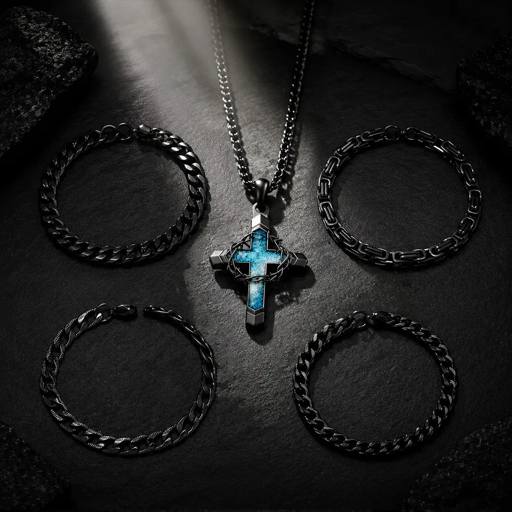 5PCS Retro 304L Stainless Steel Necklace & Bracelets Set Gothic Wreath Cross Turquoise Pendant Necklace Multi-layer Chunky Chain Hip Hop Stackable Twisted Cuban Chain Bracelet Party, Proms, Music Festivals, and Holiday Wear Accessories